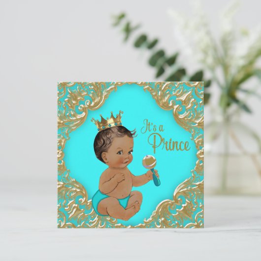 Turquoise Blauw Goud Etnisch Prince Baby shower Kaart (Staand voorkant)