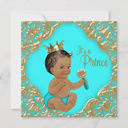 Turquoise Blauw Goud Etnisch Prince Baby shower Kaart (Voorkant)