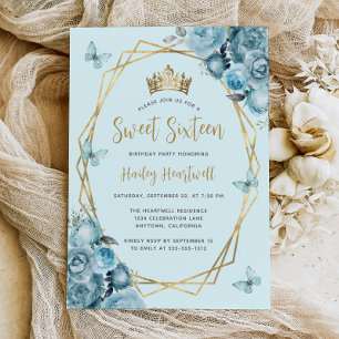Turquoise Blauw Goud Geometrisch Bloemig Sweet 16 Kaart