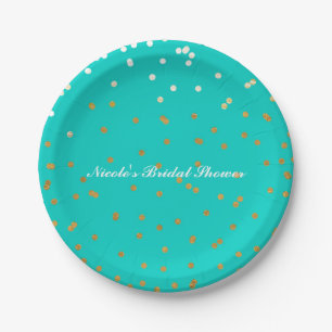 Turquoise Blauw & Goud Glanzende Confetti Stippen  Papieren Bordje