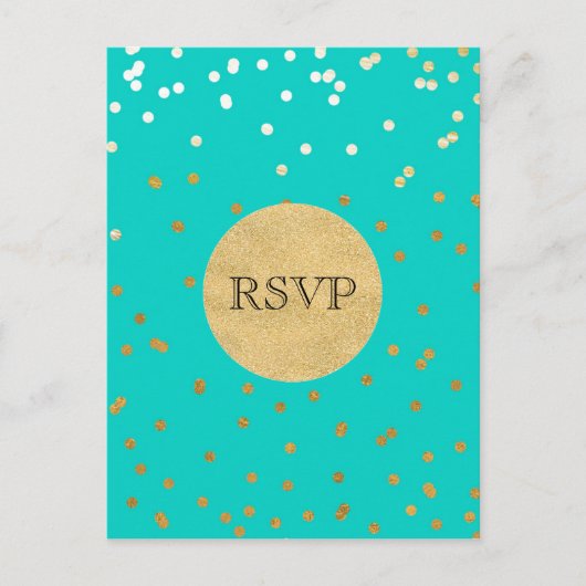 Turquoise Blauw & Goud Glanzende Confetti Stippen Uitnodiging Briefkaart (Voorkant)