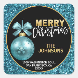 Turquoise Blauw Goud Glitter Kerstmis Adres Vierkante Sticker