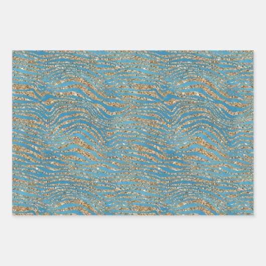 Turquoise Blauw Goud Glitter Zebra Print Inpakpapier Vel (Voorkant)