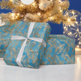 Turquoise Blauw Goud Tropische Bladeren Cadeaupapier