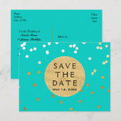 Turquoise Blauw & Gouden Glanzende Confetti Save T Aankondigingskaart (Voorkant / Achterkant)
