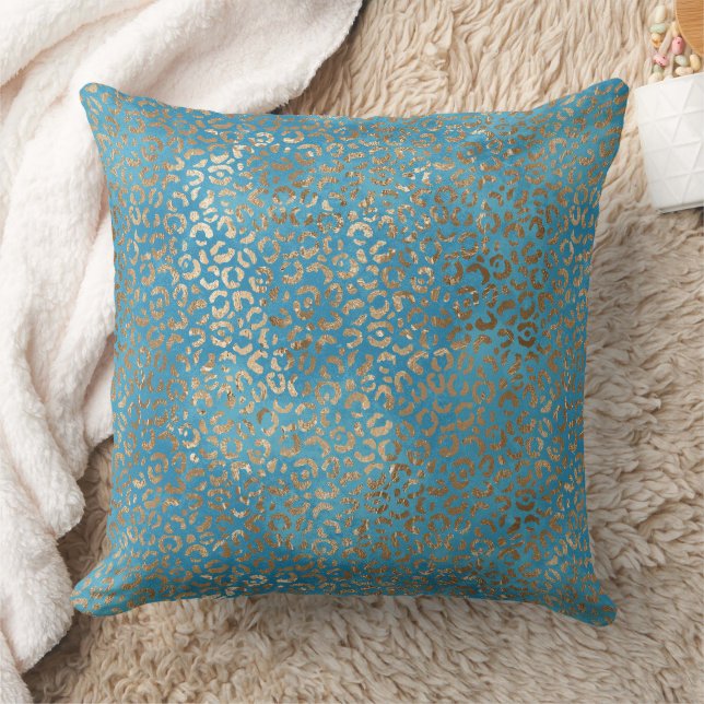 Turquoise Blauw Gouden Luipaard print Kussen (Deken)