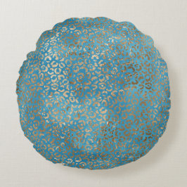 Turquoise Blauw Gouden Luipaard print Rond Kussen
