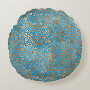 Turquoise Blauw Gouden Luipaard print Rond Kussen