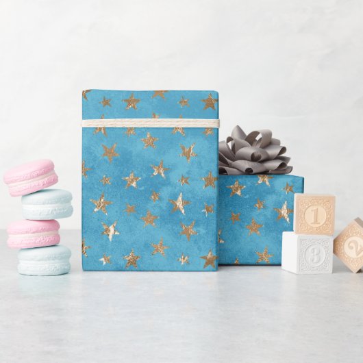 Turquoise Blauw Gouden Sterren Cadeaupapier (Baby Shower)