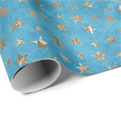 Turquoise Blauw Gouden Sterren Cadeaupapier (Rol Hoek)
