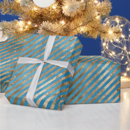 Turquoise Blauw Gouden Strepen Cadeaupapier