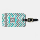 Turquoise blauw grijs groen wit chevron patroon bagagelabel (Voorkant horizontaal)