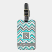 Turquoise blauw grijs groen wit chevron patroon bagagelabel (Voorkant verticaal)