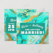 Turquoise Blauw Groen Marmer Faux Gold Wedding Save The Date (Voorkant / Achterkant)