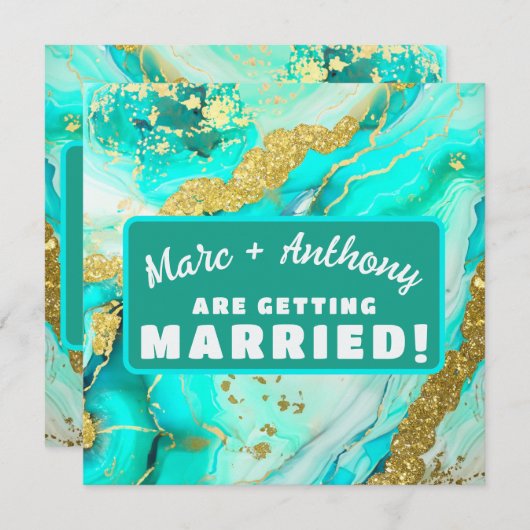 Turquoise Blauw Groen Marmer Faux Gold Wedding Save The Date (Voorkant / Achterkant)