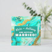 Turquoise Blauw Groen Marmer Faux Gold Wedding Save The Date (Staand voorkant)
