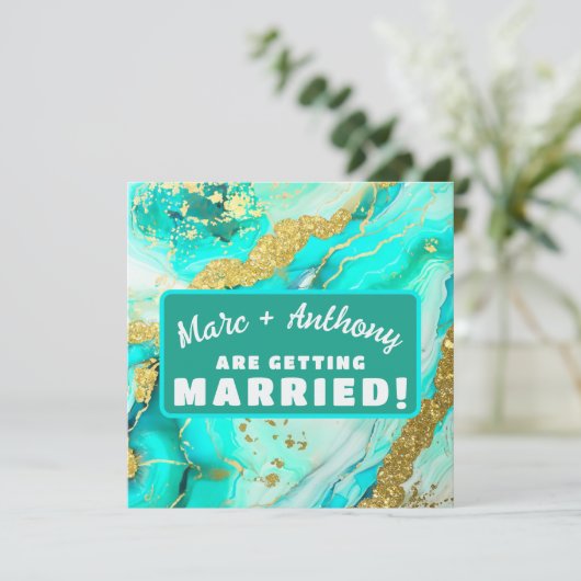 Turquoise Blauw Groen Marmer Faux Gold Wedding Save The Date (Staand voorkant)