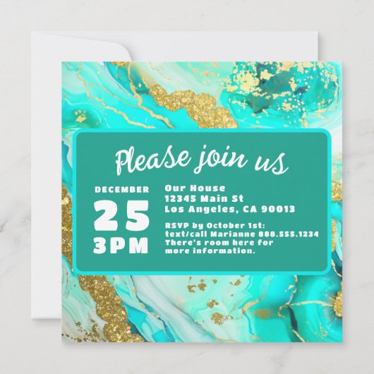 Turquoise Blauw Groen Marmer Faux Gold Wedding Save The Date (Achterkant)