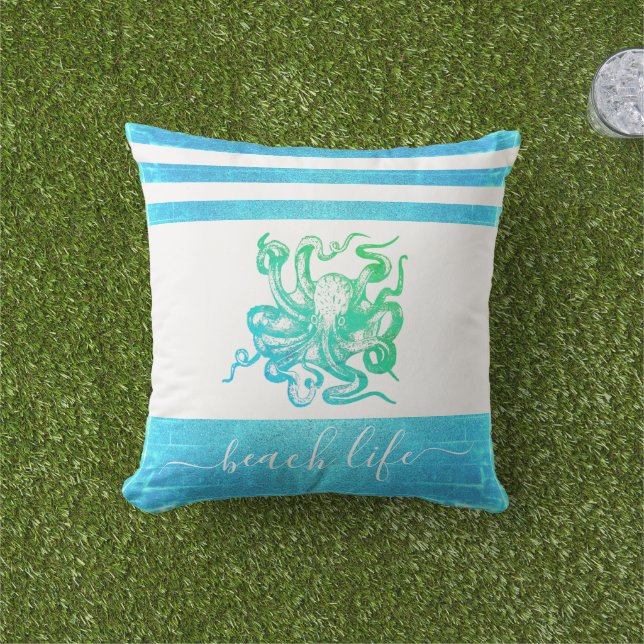 Turquoise blauw groen octopus strand life script buitenkussen (Gras)