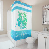 Turquoise blauw groen octopus strand life script douchegordijn (In situ)