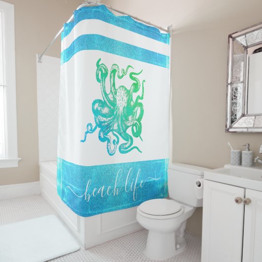 Turquoise blauw groen octopus strand life script douchegordijn (In situ)