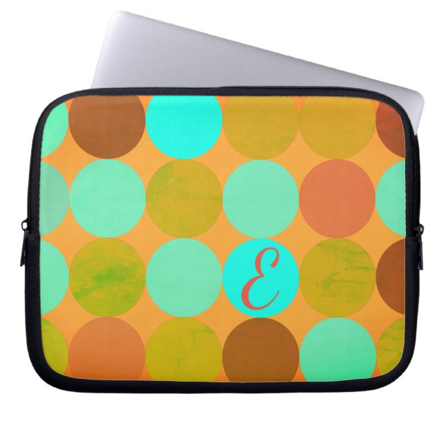 Turquoise Blauw Groen & Oranje Cirkels Monogram Laptop Sleeve (Voorkant)
