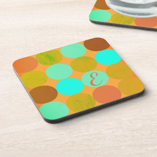 Turquoise Blauw Groen & Oranje Cirkels Monogram Onderzetter (Linkerzijde)