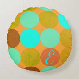 Turquoise Blauw Groen & Oranje Cirkels Monogram Rond Kussen