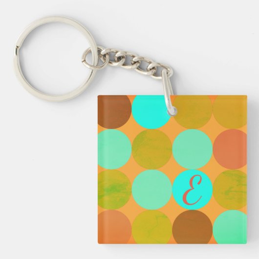 Turquoise Blauw Groen & Oranje Cirkels Monogram Sleutelhanger (Voorkant)