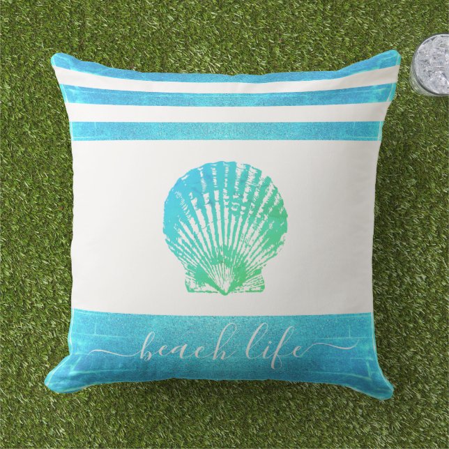 Turquoise blauw groen strand life script zeeschelp buitenkussen (Gras)