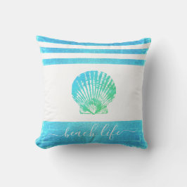 Turquoise blauw groen strand life script zeeschelp buitenkussen