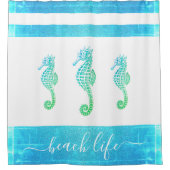 Turquoise blauw groen zeepaardje strand life scrip douchegordijn (Voorkant)