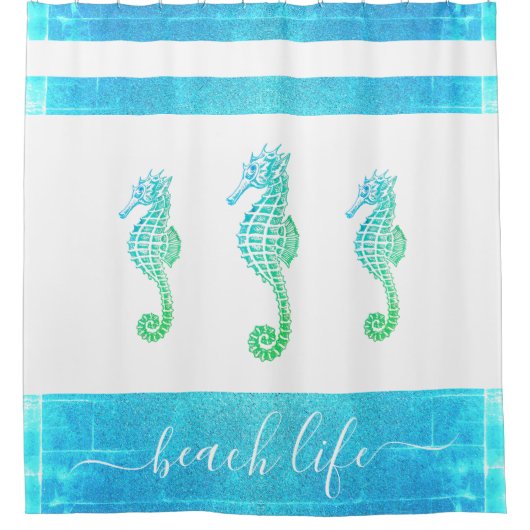 Turquoise blauw groen zeepaardje strand life scrip douchegordijn (Voorkant)
