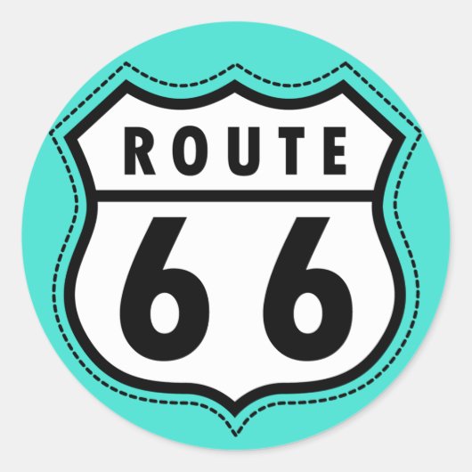 Turquoise, blauw-groene route 66 verkeersbord ronde sticker (Voorkant)