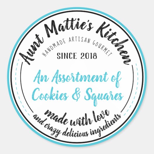 Turquoise Blauw  Handgemaakte Gourmet Food Label (Voorkant)
