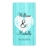 Turquoise blauw hart bruiloft wijn fles labels (Voorkant)