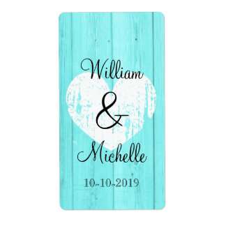 Turquoise blauw hart bruiloft wijn fles labels