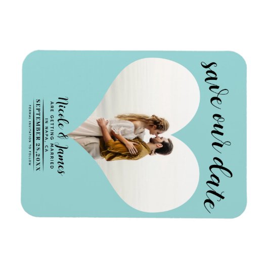 Turquoise Blauw Hart Foto Bruiloft Save the Date Magneet (Horizontaal)
