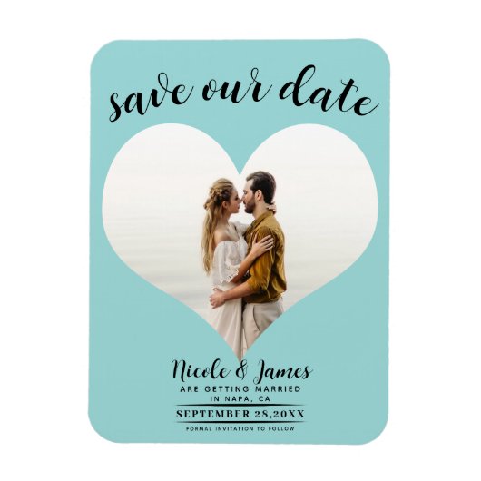 Turquoise Blauw Hart Foto Bruiloft Save the Date Magneet (Verticaal)