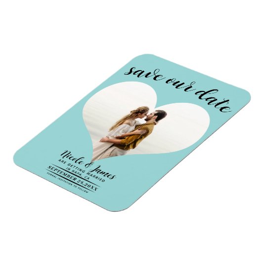 Turquoise Blauw Hart Foto Bruiloft Save the Date Magneet (Linkerzijde)
