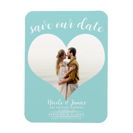 Turquoise Blauw Hart Foto Bruiloft Save the Date Magneet (Verticaal)