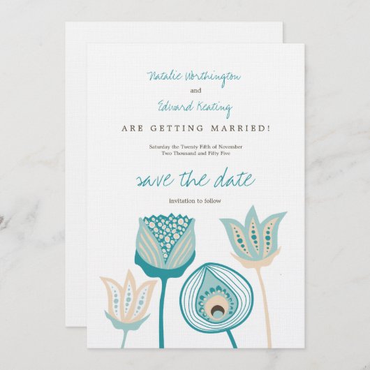 Turquoise Blauw & Ivoor Funky Flowers Save the Dat Save The Date (Voorkant / Achterkant)