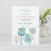 Turquoise Blauw & Ivoor Funky Flowers Save the Dat Save The Date (Staand voorkant)