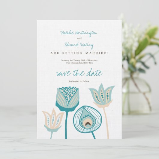 Turquoise Blauw & Ivoor Funky Flowers Save the Dat Save The Date (Staand voorkant)
