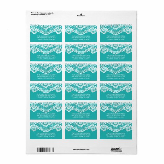 Turquoise Blauw  Kant Retouradres Etiket (Full Sheet)