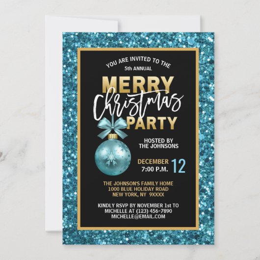 Turquoise Blauw Kerstfeest Zwart Goud Glitter Kaart (Voorkant)
