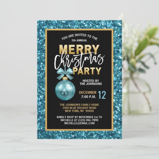 Turquoise Blauw Kerstfeest Zwart Goud Glitter Kaart (Staand voorkant)