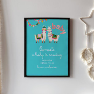 Turquoise Blauw Llama Baby shower - Llamaste Poster