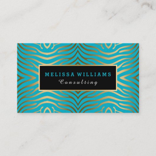 Turquoise Blauw & Moderne Gouden Zebra Strepen Visitekaartje (Voorkant)