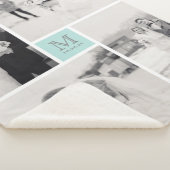 Turquoise Blauw Monogram 4 Fotocollage Trouwen Sherpa Deken (3/4)